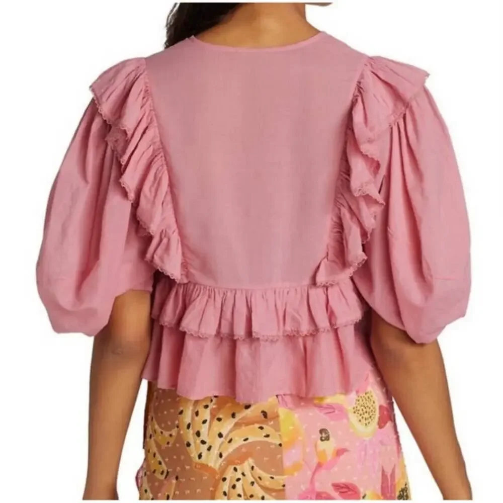 Farm Rio Blush Pink Puff Sleeve V-Neck Cropped Bohemian Blouse Size XS